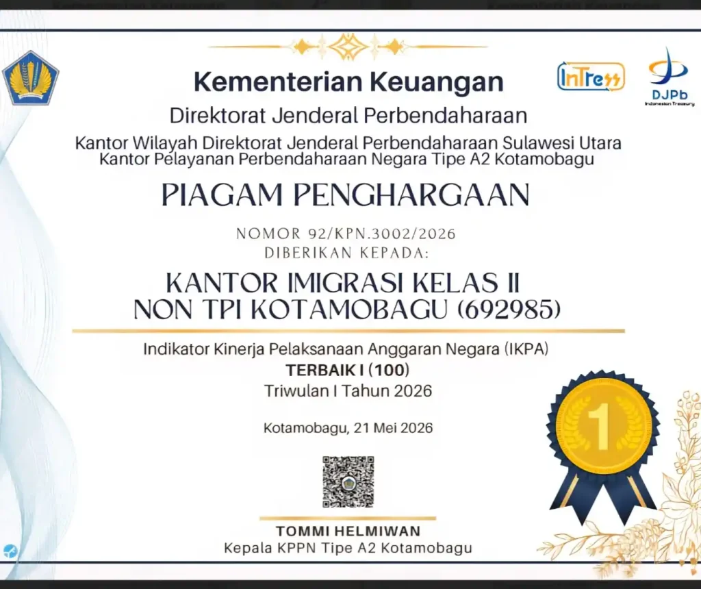 Kantor Imigrasi Kotamobagu Raih Nilai Sempurna IKPA, Jadi Rujukan Tata Kelola Anggaran dan Pelayanan Publik