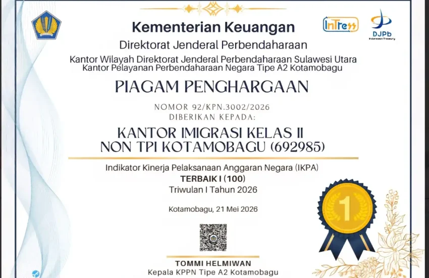 Kantor Imigrasi Kotamobagu Raih Nilai Sempurna IKPA, Jadi Rujukan Tata Kelola Anggaran dan Pelayanan Publik